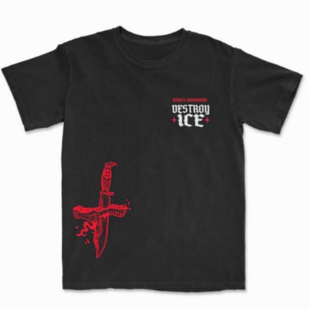 Gildan Men Black T-Shirt, Black Destroy Ice T-Shirt With Red Dagger Graphic